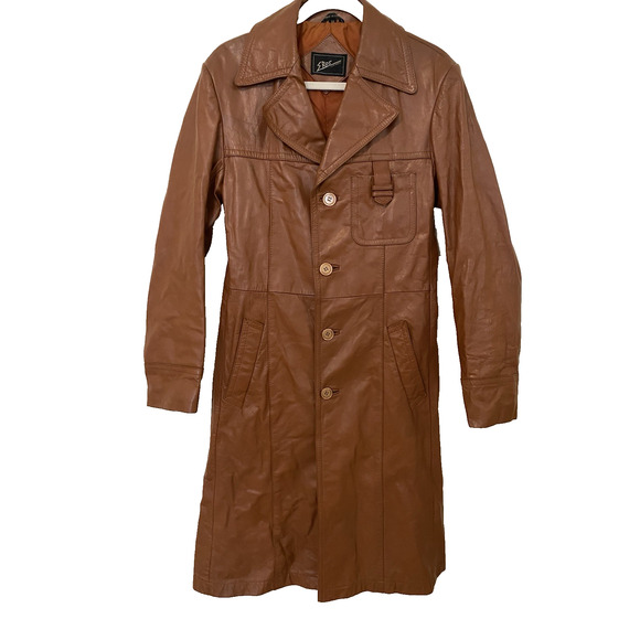 Vintage 70s Cognac Brown Leather Trench Coat Long Belted Jacket 38 Retro Disco - Picture 1 of 16